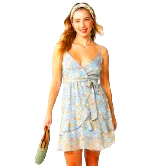 Almost Famous Cami Wrap Ruffle Mini Dress Floral Front Tie Sash Junior LG NWT - Picture 3 of 13